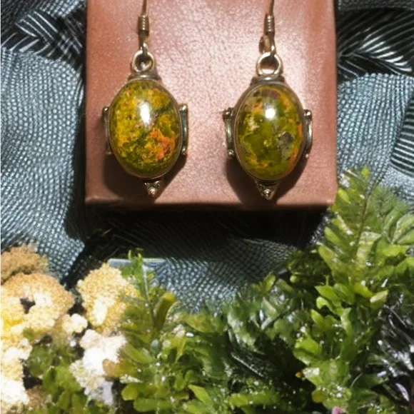 Sterling & Unakite Stone Earrings - Picture 1 of 6